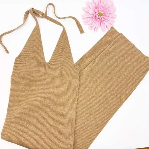 All Saints Lexi Ribbed Halter Midi Dress Praline Metallic Gold - Picture 2 of 15